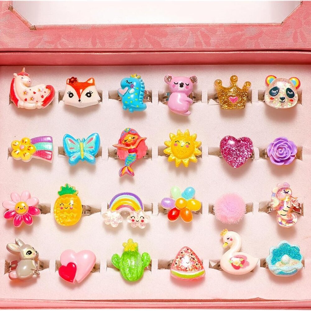 Little Girl Jewel Rings in Heart Box, Adjustable, Girl Gift Pretend Play and Dre